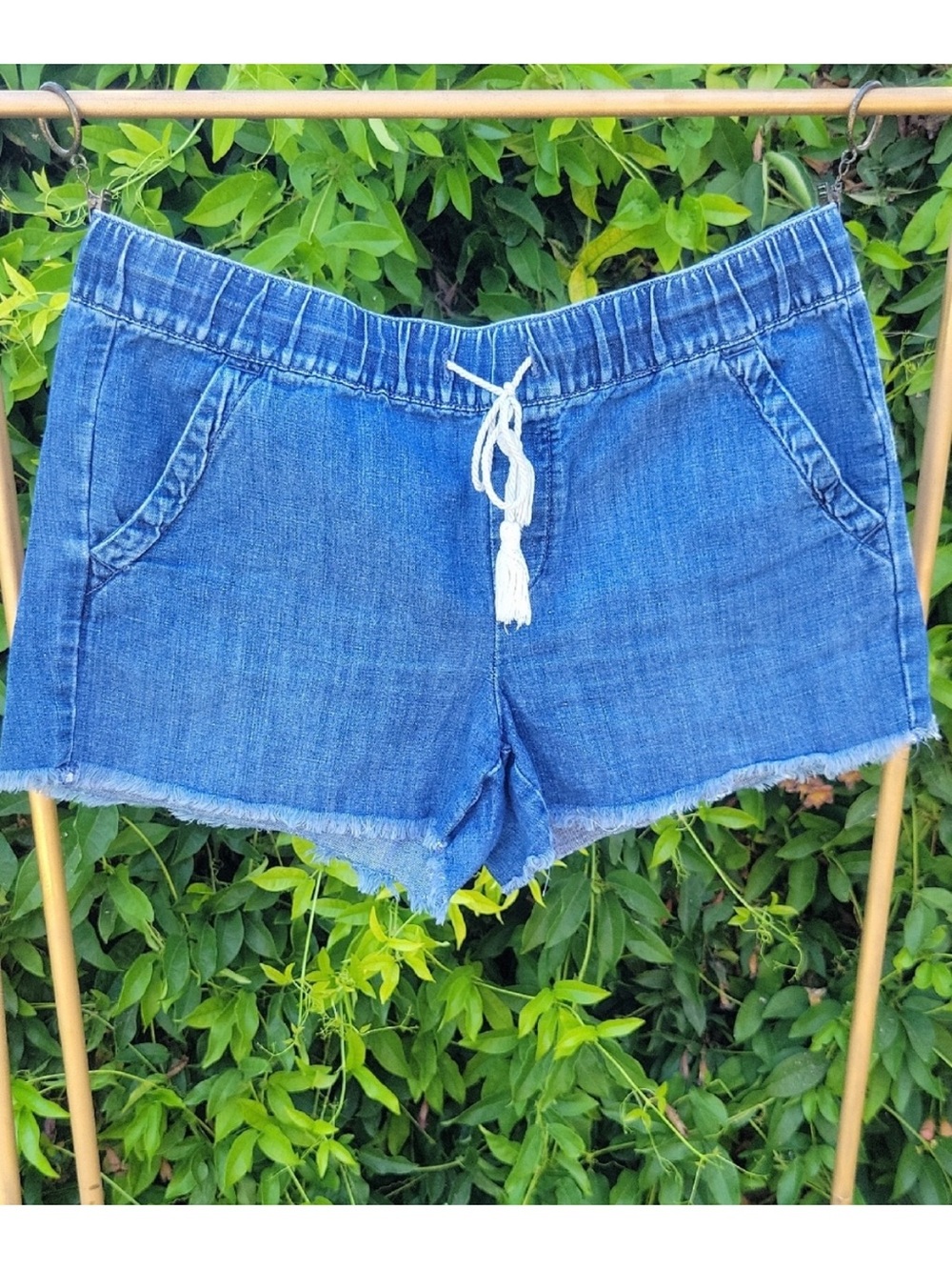 LOFT Blue Denim Drawstring Frayed-Hem Women's Shorts